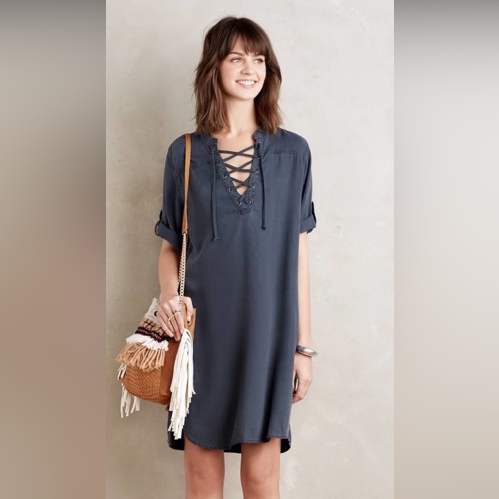 Stone & Stone from Anthropologie Denim Tie-neck Tunic Dress
